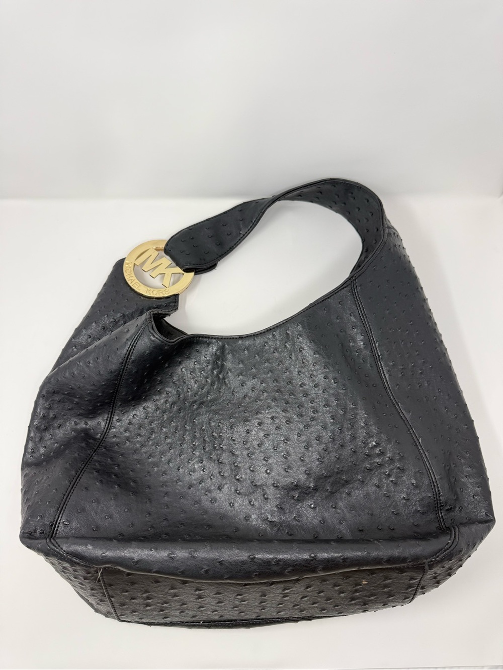 Michael Kors Black Ostrich Leather Hobo Bag Gold MK Logo Shoulder Purse - Picture 13 of 14